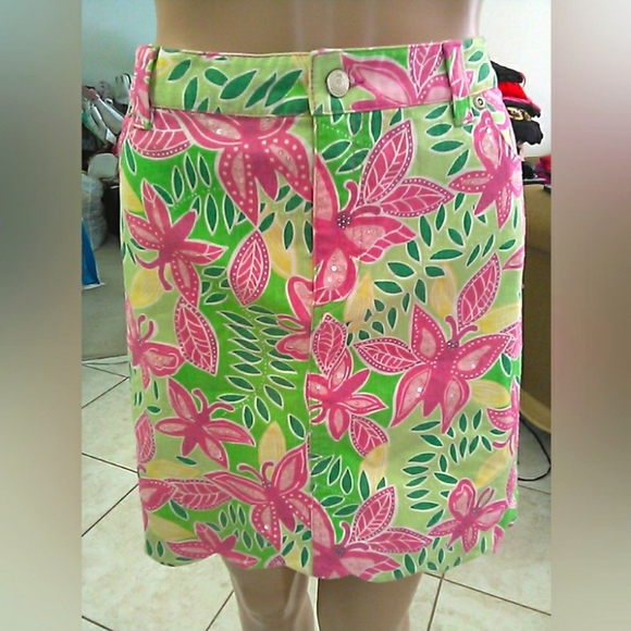 Lilly Pulitzer Dresses & Skirts - VINTAGE Lilly Pulitzer Pink & Green Denim Mini Skirt SCALLOP HEM SEQUIN SZ. 12